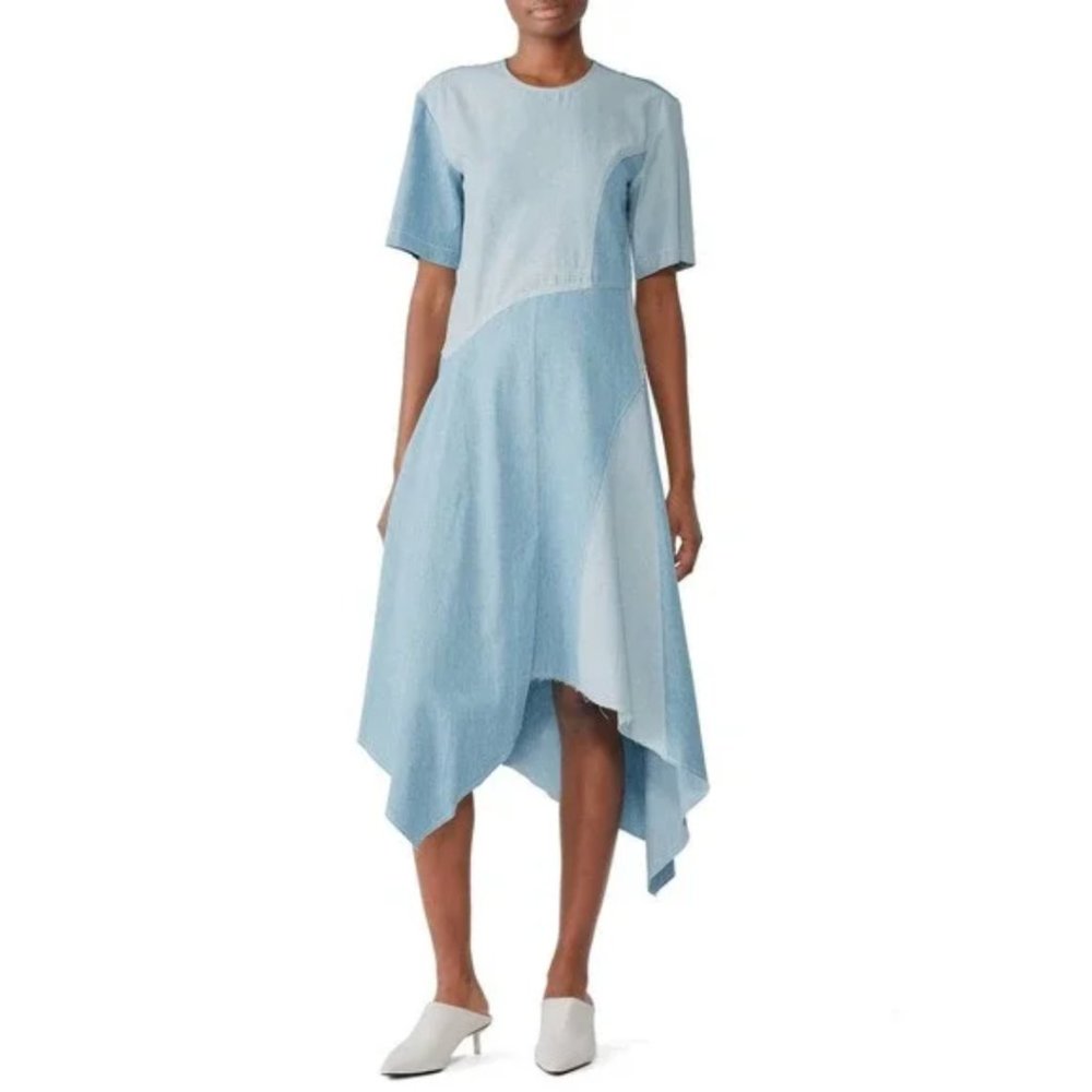 Colovos Midi Dress Chambray Seamed Two Tone Short Sleeve Asymmetrical Hem Small